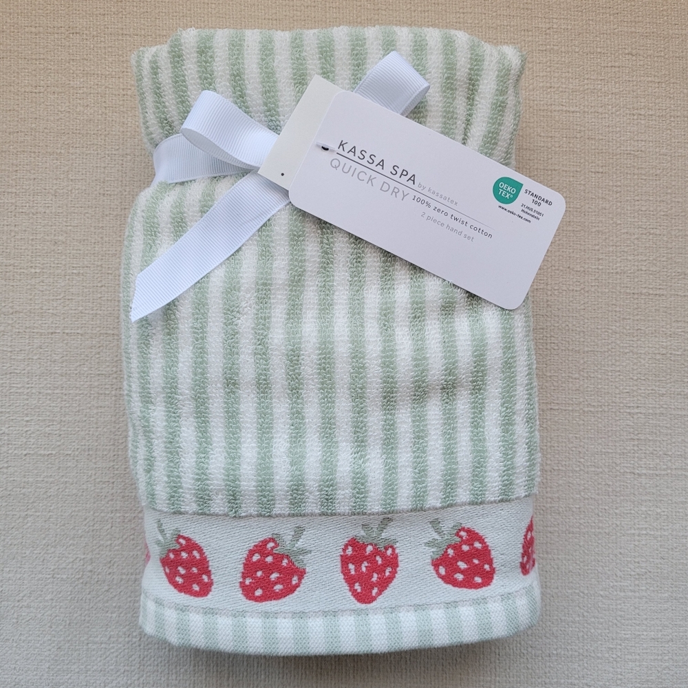 Kassa Spa Sage Green and White Striped Bathroom HandTowel with Strawberry Design